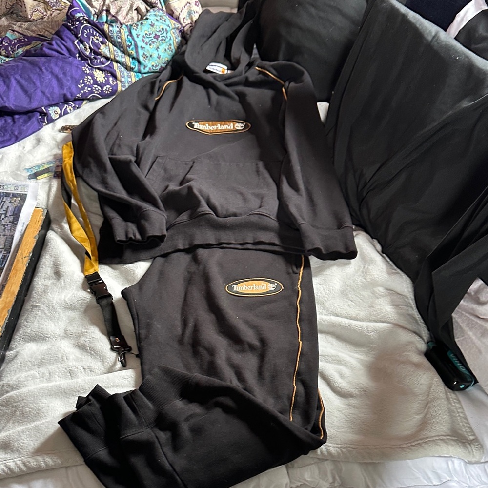 Timberland Black Hoodie and Sweatpants Set with Yellow Accents